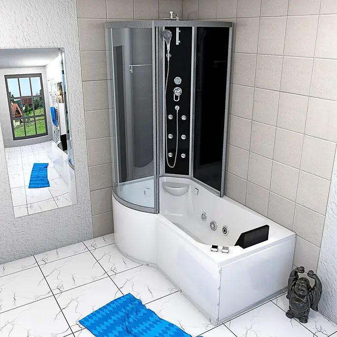 AcquaVapore Komplettdusche Fertigdusche K50-R30-WP - Schwarz - Weiße Eckduschwanne-Badewannen-Kombination mit schwarzem Duschpaneel, Handbrause und mehreren Düsen, in einem modernen Badezimmer.