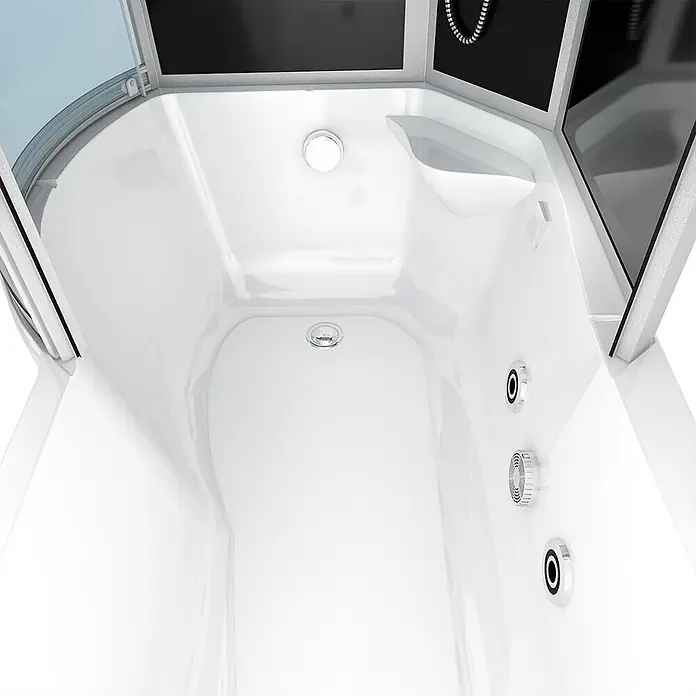 AcquaVapore Komplettdusche Fertigdusche K50-R32-WP-EC - Schwarz - Weißer, glänzender Duschkabinen-Innenraum mit texturiertem Anti-Rutsch-Boden, Abfluss, integrierter Beleuchtung und mehreren Massagedüsen.