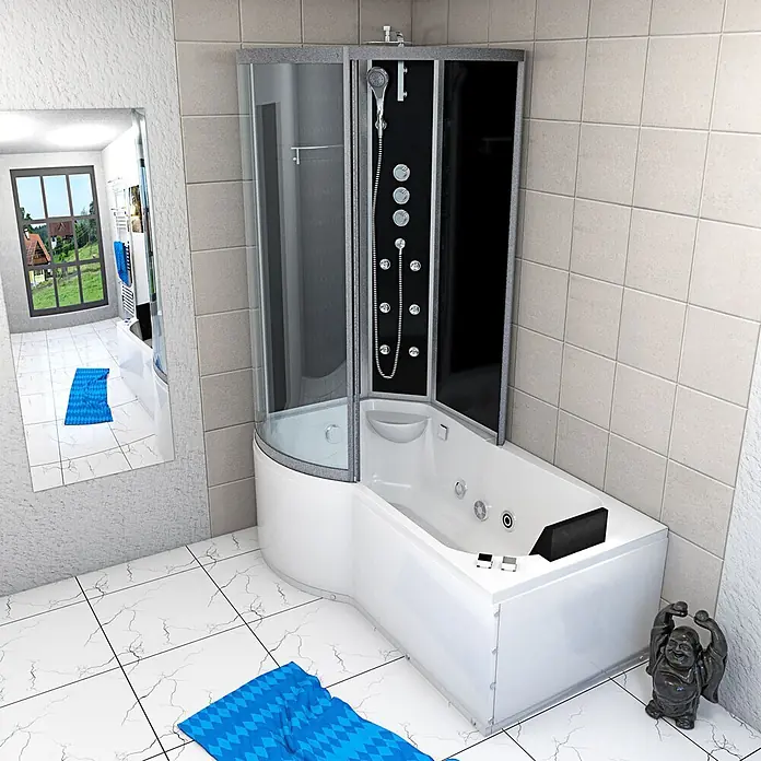 AcquaVapore Komplettdusche Fertigdusche K50-R32-WP-EC - Schwarz - Eine weiße kombinierte Eckbadewanne und Duschkabine mit schwarzen Glaspaneelen, installiert in einem modernen Badezimmer.