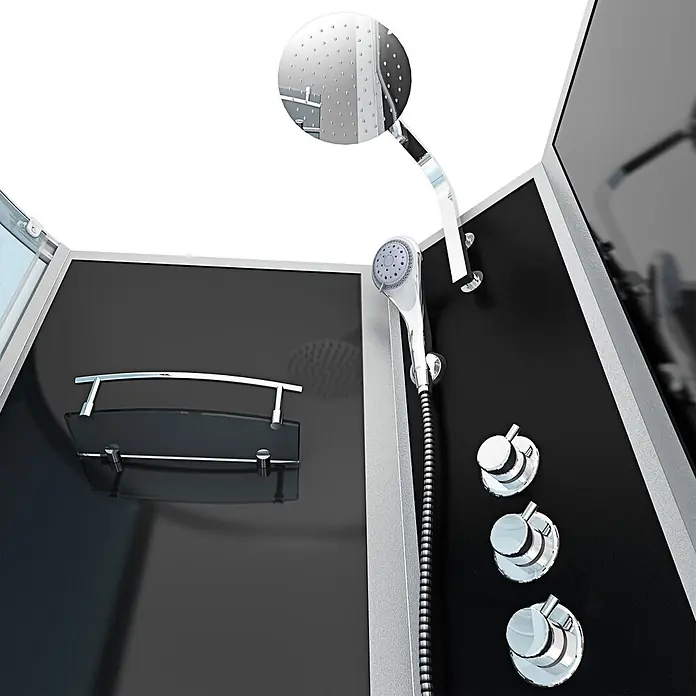 AcquaVapore Komplettdusche Fertigdusche K50-R32-WP-EC - Schwarz - Moderner Duschkabinen-Innenraum mit schwarzer Platte, Kopf- und Handbrause, Glasablage und Chromarmaturen.