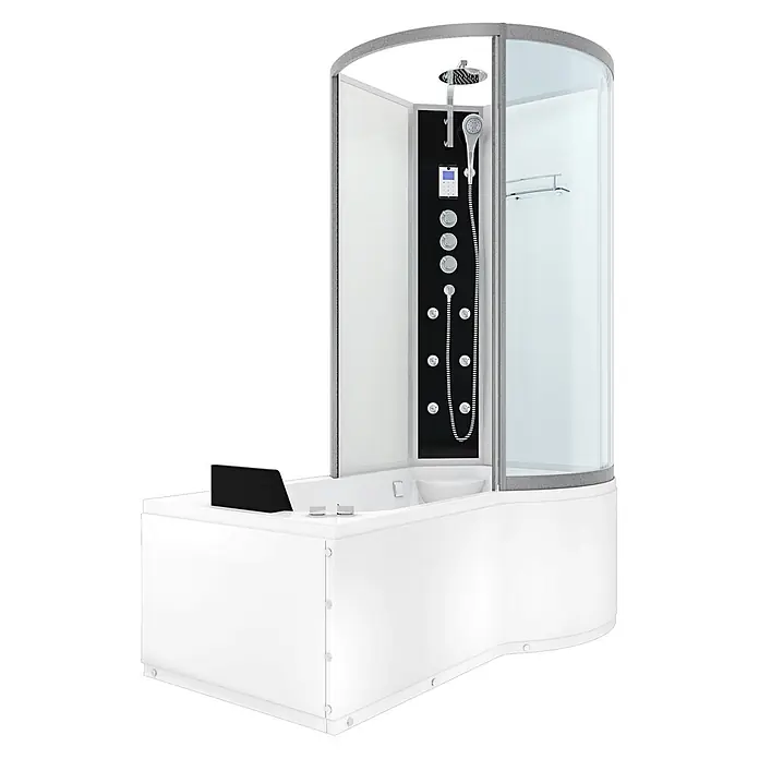 AcquaVapore Komplettdusche Fertigdusche K50-L03-WP-EC - Weiß - Modernes weißes Duschkabinen-Wannen-Kombiset mit schwarzem Duschpaneel, Regenduschkopf und Glasduschabtrennung.