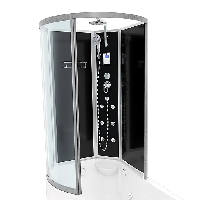 AcquaVapore Komplettdusche Fertigdusche K50-R31-WP - Schwarz - Eckduschkabine mit schwarzer Rückwand, weißer Wanne, integrierten Regen-/Handbrausen und Hydromassagedüsen.