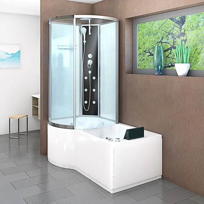 AcquaVapore Komplettdusche Fertigdusche K50-R00-WP - Weiß - Weiße Badewanne mit integrierter Glas- und schwarzer Duschkabine in einem modernen Badezimmer.