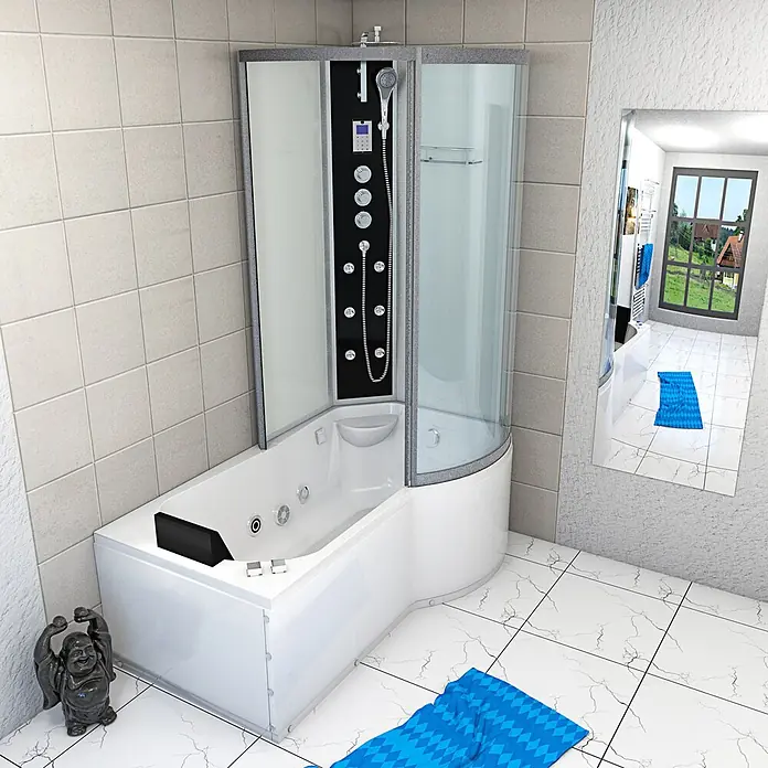 AcquaVapore Komplettdusche Fertigdusche K50-L03-WP-EC - Weiß - Weiße Eckduschkabine mit integrierter Badewanne, schwarzem Mehrfachstrahl-Bedienfeld und Handbrause.
