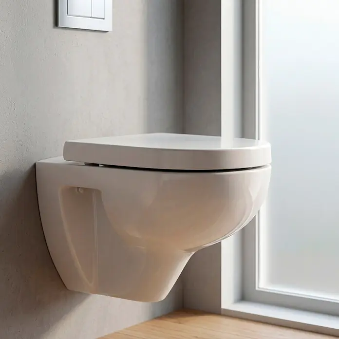 Villeroy & Boch Wand-WC-Set Targa Twist Flush - Spülrandlos, Ohne Spezialglasur, Spülform: Tief, WC Abgang: Waagerecht, Weiß - Weißes, wandhängendes Keramik-WC in einem modernen Badezimmer mit heller Wand, Milchglasfenster und Holzfußboden.