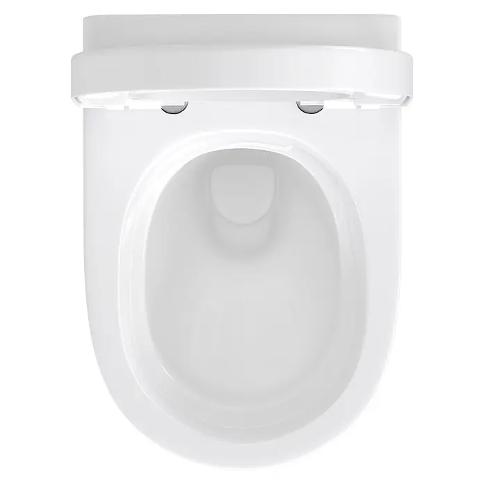Villeroy & Boch Wand-WC-Set Targa Twist Flush - Spülrandlos, Ohne Spezialglasur, Spülform: Tief, WC Abgang: Waagerecht, Weiß - Weißes Keramik-WC mit geöffnetem Deckel und Sitz, von oben gesehen.