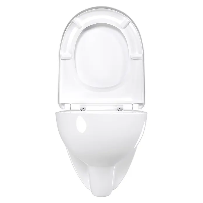 Villeroy & Boch Wand-WC-Set Targa Twist Flush - Spülrandlos, Ohne Spezialglasur, Spülform: Tief, WC Abgang: Waagerecht, Weiß - Weißes Keramik-WC mit geöffnetem Deckel.