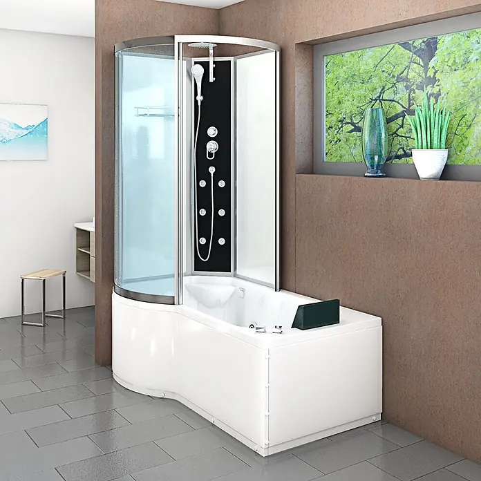 AcquaVapore Komplettdusche Fertigdusche K50-R00-WP - Weiß - Eine moderne, weiße, geschwungene Dusch-Badewannen-Kombination mit schwarzem Multi-Jet-Duschpaneel, integriert in ein modernes Badezimmerambiente.