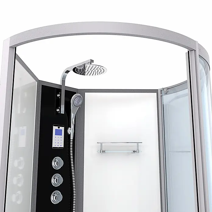 AcquaVapore Komplettdusche Fertigdusche K50-L03-WP-EC - Weiß - Moderne Duschkabine mit schwarzem Bedienfeld, Chrom-Regendusche, Handbrause und Glasumrandung.