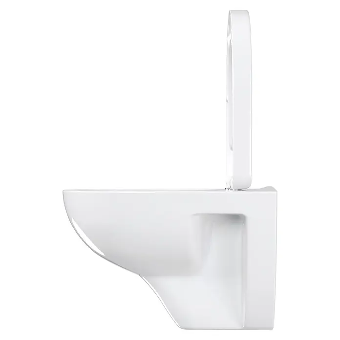 Villeroy & Boch Wand-WC-Set Targa Twist Flush - Spülrandlos, Ohne Spezialglasur, Spülform: Tief, WC Abgang: Waagerecht, Weiß - Seitenansicht einer weißen wandhängenden Toilette mit hochgeklapptem Sitz und Deckel.