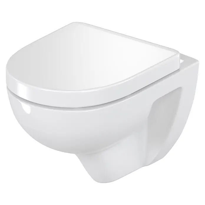 Villeroy & Boch Wand-WC-Set Targa Twist Flush - Spülrandlos, Ohne Spezialglasur, Spülform: Tief, WC Abgang: Waagerecht, Weiß - Weißes wandhängendes WC mit Deckel.