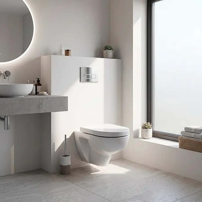 Villeroy & Boch Wand-WC-Set Targa Twist Flush - Spülrandlos, Ohne Spezialglasur, Spülform: Tief, WC Abgang: Waagerecht, Weiß - Eine moderne weiße wandhängende Toilette mit Chrom-Spülplatte in einem zeitgenössischen Bad mit Betonwaschtisch und großem Fenster.