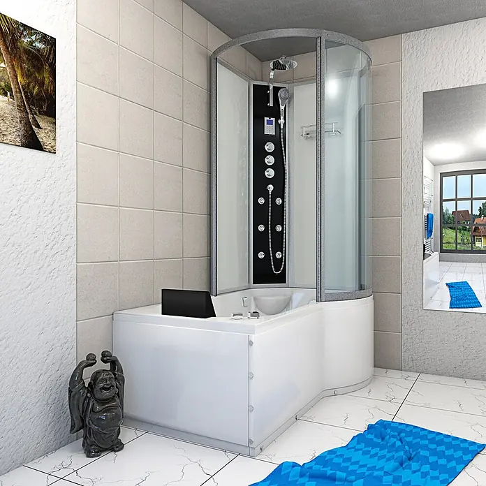 AcquaVapore Komplettdusche Fertigdusche K50-L03-WP-EC - Weiß - Weiße Eckduschkabine mit integrierter Badewanne, klaren Glastüren und schwarzem Duschpaneel mit Düsen, in einem modernen Bad.