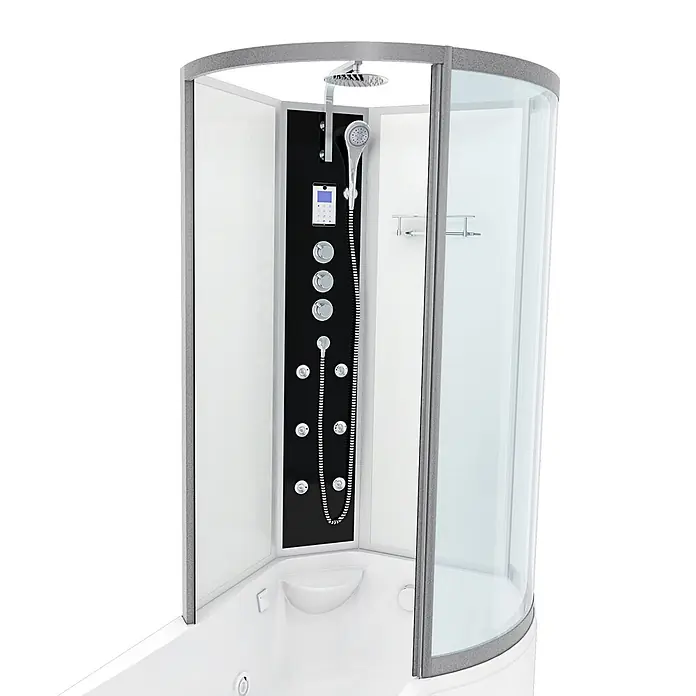 AcquaVapore Komplettdusche Fertigdusche K50-L03-WP-EC - Weiß - Moderne Duschkabine mit Klarglas, grauem Rahmen, schwarzem Bedienfeld, Chromarmaturen und integrierter weißer Badewanne.