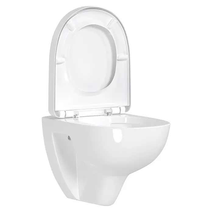 Villeroy & Boch Wand-WC-Set Targa Twist Flush - Spülrandlos, Ohne Spezialglasur, Spülform: Tief, WC Abgang: Waagerecht, Weiß - Weißes wandhängendes WC mit geöffnetem Deckel.