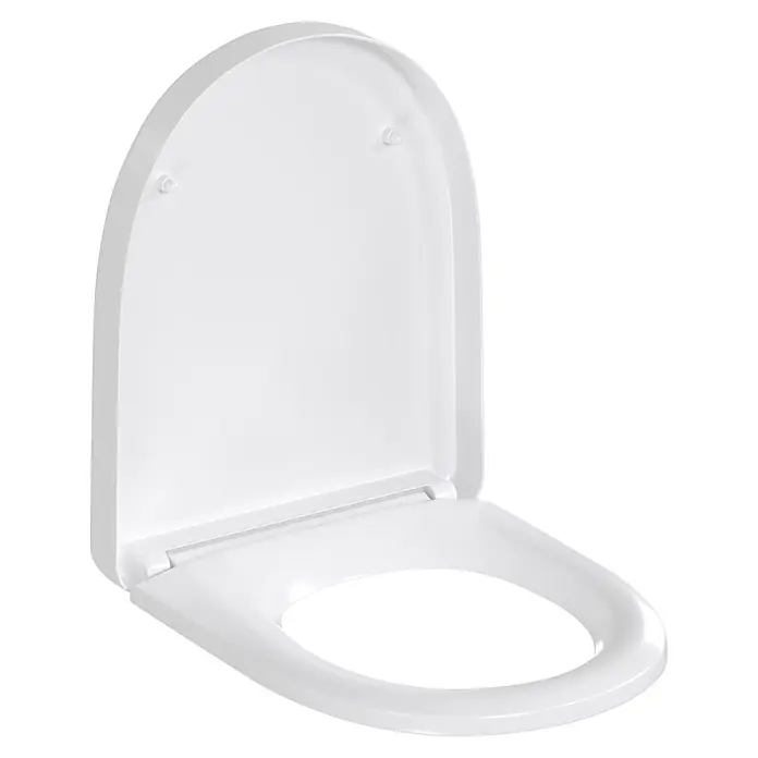 Villeroy & Boch Wand-WC-Set Targa Twist Flush - Spülrandlos, Ohne Spezialglasur, Spülform: Tief, WC Abgang: Waagerecht, Weiß - Weißer, glänzender Toilettensitz mit Deckel in offener Position.