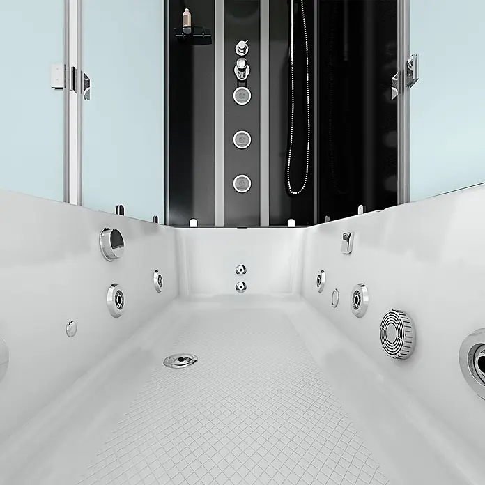 AcquaVapore Komplettdusche Fertigdusche K05-R30-WP-EC - Schwarz - Weiße Hydromassage-Badewanne und schwarze Duschkabine mit Chromarmaturen und Düsen.