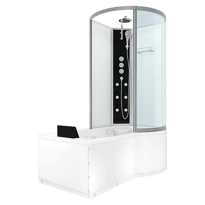 AcquaVapore Komplettdusche Fertigdusche K50-L02-WP - Weiß - Weiße kombinierte Duschkabine und Badewanne mit schwarzem Bedienfeld, Regendusche und Handbrause. Klarglas und silberne Akzente.