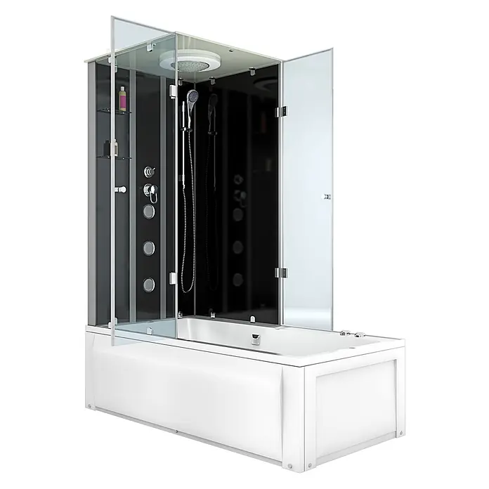 AcquaVapore Komplettdusche Fertigdusche K05-R30-WP-EC - Schwarz - Weiße Badewanne mit integrierter schwarzer Duschkabine, klaren Glaspaneelen, Kopf- und Handbrausen, und Massagedüsen.