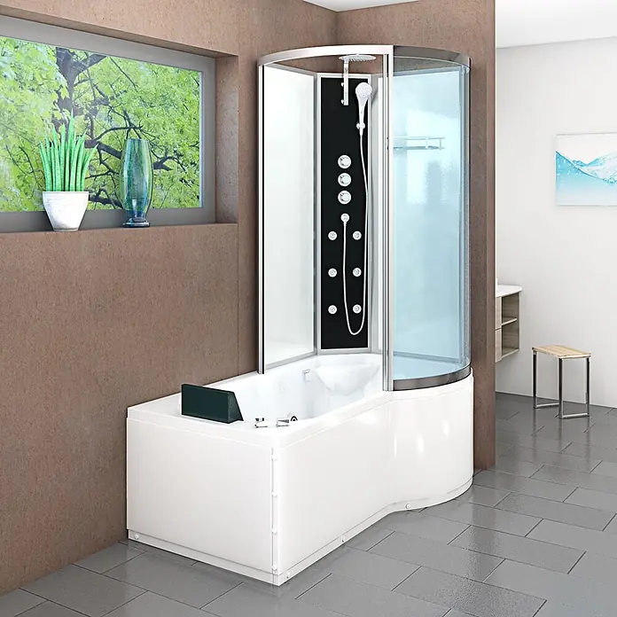 AcquaVapore Komplettdusche Fertigdusche K50-L02-WP - Weiß - Weiße Eck-Duschwanne-Kombination mit klarer Glasduschkabine und schwarzem Duschpaneel mit Regendusche, Handbrause und Massagedüsen.
