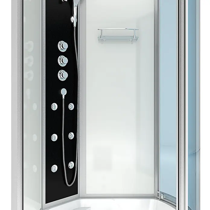 AcquaVapore Komplettdusche Fertigdusche K50-L02 - Weiß - Moderne Duschkabine mit schwarzem Panel, Chrom-Bedienelementen, Duschkopf, Massagedüsen und Glasablage.