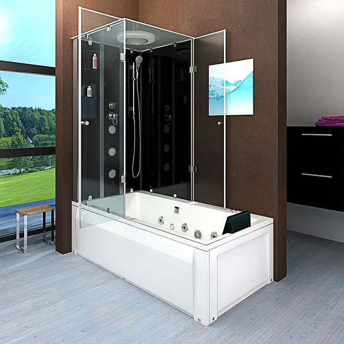 AcquaVapore Komplettdusche Fertigdusche K05-R30-WP-EC - Schwarz - Moderne Dusch-Badewannen-Kombination in Weiß mit Glasduschkabine und schwarzem Duschinterieur in einem stilvollen Badezimmer.