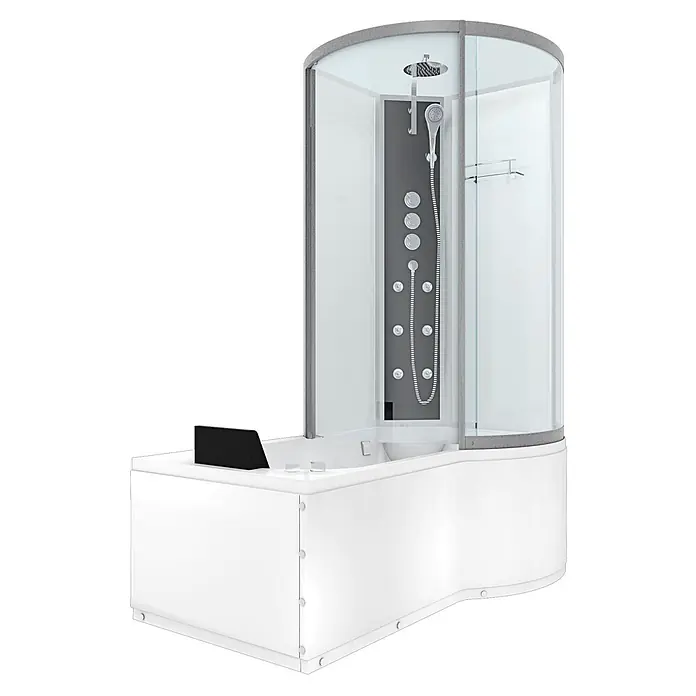 AcquaVapore Komplettdusche Fertigdusche K50-L02-WP - Weiß - Weiße Duschkabine mit integrierter Badewanne, grauer Rahmen, dunkelgraues Bedienfeld mit Massagedüsen und Chromarmaturen.