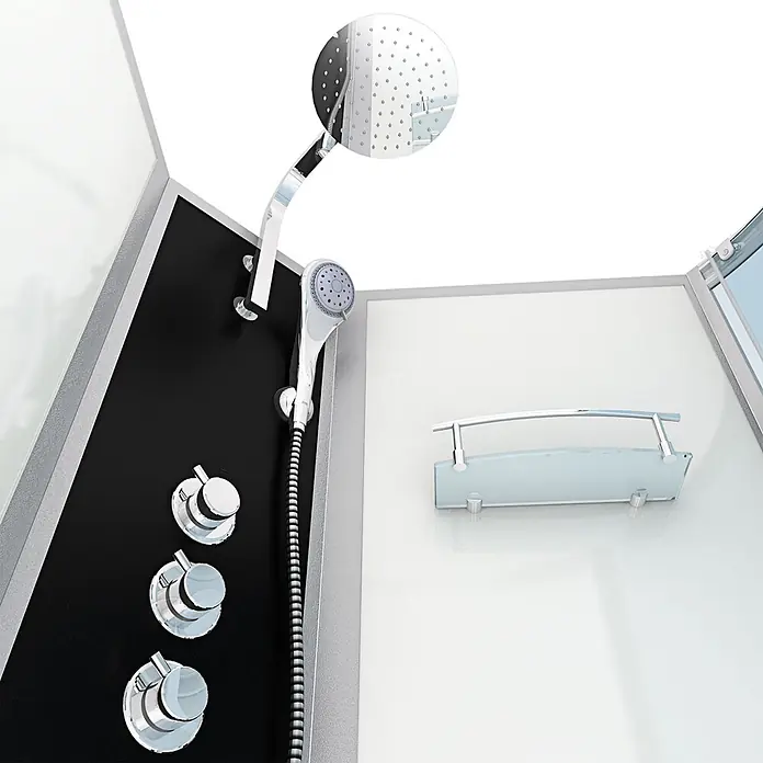 AcquaVapore Komplettdusche Fertigdusche K50-L02 - Weiß - Schwarzes Duschpaneel mit Chrom-Kopfbrause, Handbrause, drei Bedienelementen und Glasablage in einer Duschkabine.