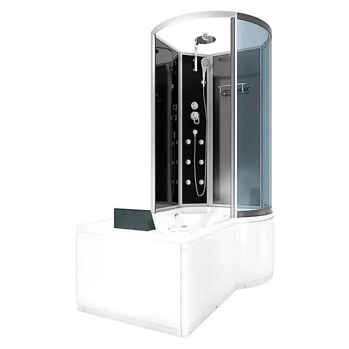 AcquaVapore Komplettdusche Fertigdusche K50-L30-WP - Schwarz - Weiße Dusch-Badewannen-Kombination mit schwarzem Duschpaneel, klarer Glaskabine und mehreren Duschfunktionen.