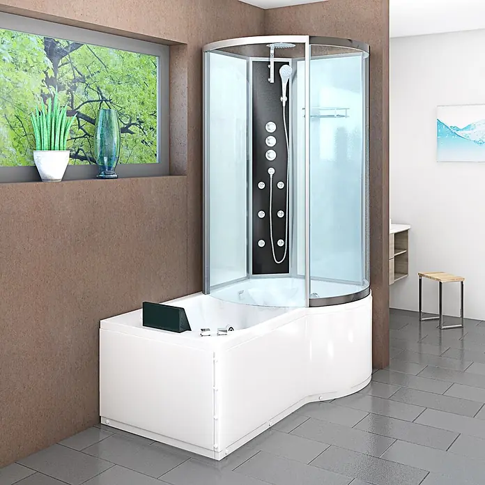 AcquaVapore Komplettdusche Fertigdusche K50-L02-WP - Weiß - Weiße Eckbadewanne mit integrierter moderner Duschkabine, dunkler Rückwand und Glastüren, im Badezimmer.