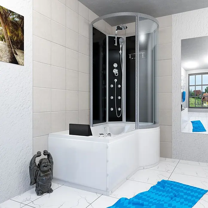 AcquaVapore Komplettdusche Fertigdusche K50-L30-WP - Schwarz - Eine weiße Eckduschkabine mit integrierter Badewanne, schwarzer Rückwand und Klarglastüren in einem gefliesten Badezimmer.