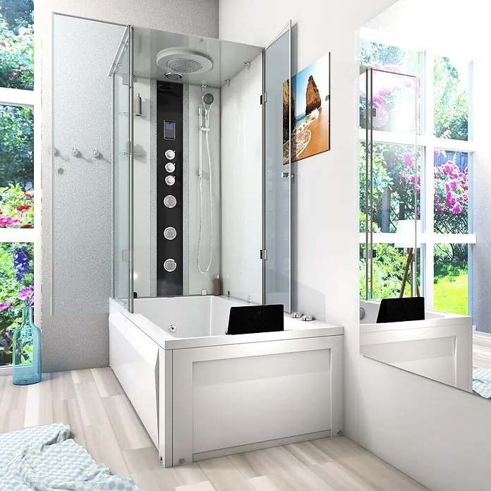AcquaVapore Komplettdusche Fertigdusche K05-R03-WP-EC - Weiß - Moderne weiße Duschbadewanne mit Glasduschkabine, schwarzem Bedienfeld, Regendusche und Massagedüsen.