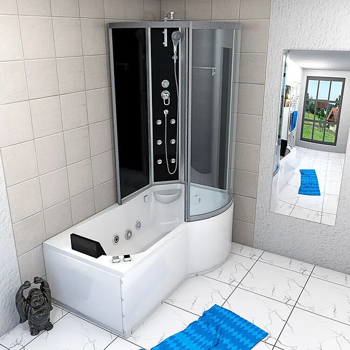 AcquaVapore Komplettdusche Fertigdusche K50-L30-WP - Schwarz - Weiße Eckbadewanne mit integrierter schwarzer und gläserner Duschkabine in einem gefliesten Bad.