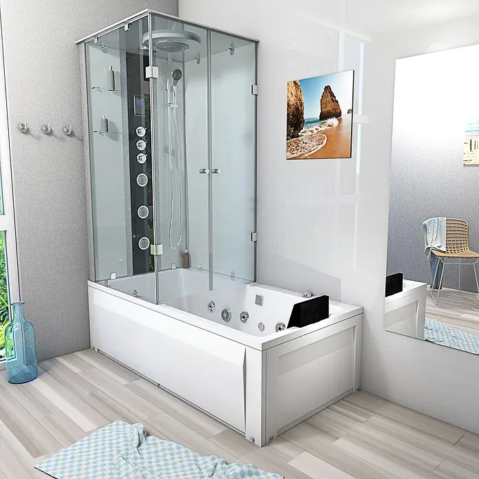 AcquaVapore Komplettdusche Fertigdusche K05-R03-WP-EC - Weiß - Weiße Whirlpool-Badewanne mit integrierter Glasduschkabine in einem modernen Badezimmer.