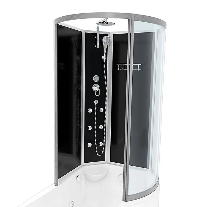 AcquaVapore Komplettdusche Fertigdusche K50-L30-WP - Schwarz - Eckduschkabine mit weißer Wanne, schwarzen Rückwänden, Kopf- und Handbrause sowie Massagedüsen.