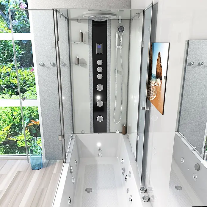 AcquaVapore Komplettdusche Fertigdusche K05-R03-WP-EC - Weiß - Moderne Duschkabine mit Whirlpool, schwarzem Bedienfeld, Regendusche und Massagedüsen.