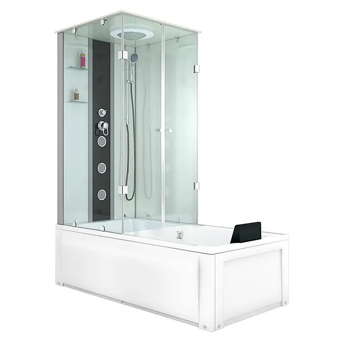 AcquaVapore Komplettdusche Fertigdusche K05-R00-WP-EC - Weiß - Weiße Dusch-Badewannen-Kombination mit Glasabtrennung, Regendusche, Handbrause und Massagedüsen.