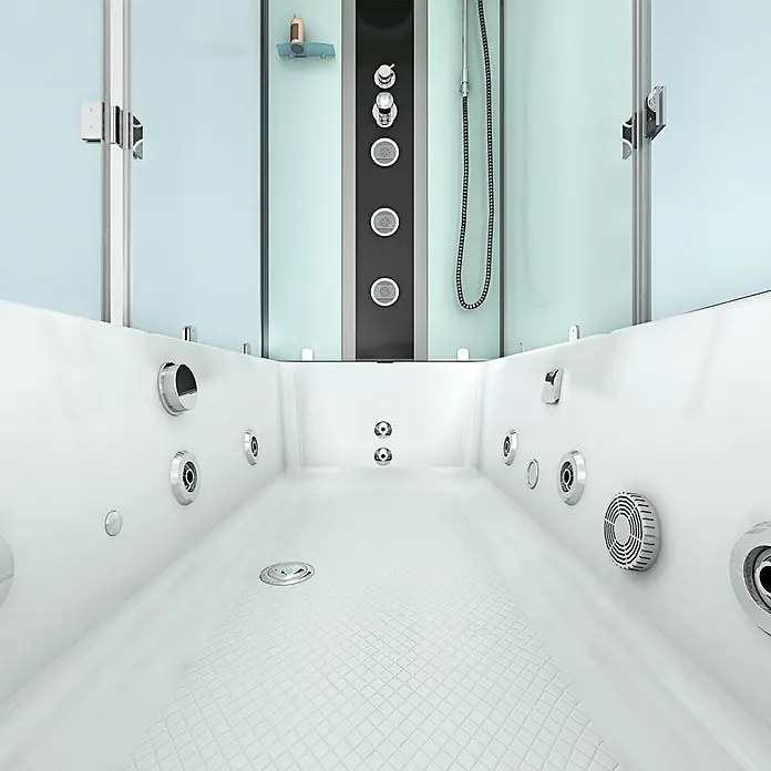 AcquaVapore Komplettdusche Fertigdusche K05-R00-WP-EC - Weiß - Weiße Duschkabine mit integrierter Whirlpool-Wanne, Glastüren und Hydromassage-Düsen.