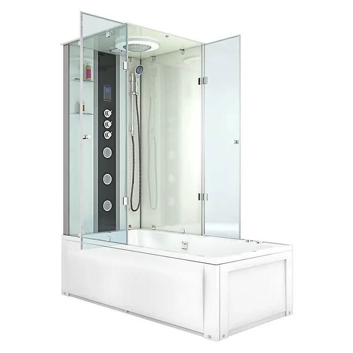 AcquaVapore Komplettdusche Fertigdusche K05-R03-WP-EC - Weiß - Weiße Dusch-Badewannen-Kombination mit klarer Glasabtrennung und Chromarmaturen, inklusive Mehrstrahl-Duschpaneel.