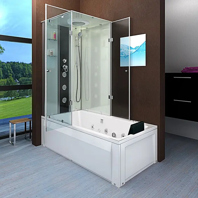 AcquaVapore Komplettdusche Fertigdusche K05-R00-WP-EC - Weiß - Modernes weißes Dusch-Wannen-Kombisystem mit Glasabtrennung und schwarzem Bedienfeld, ausgestattet mit Regendusche und Hydromassagedüsen.