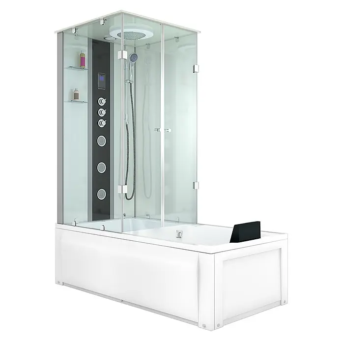 AcquaVapore Komplettdusche Fertigdusche K05-R03-WP-EC - Weiß - Weiße Badewanne mit integrierter Glasduschkabine, Bedienfeld, Kopf- und Handbrause.