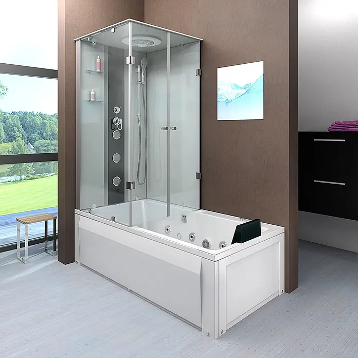 AcquaVapore Komplettdusche Fertigdusche K05-R00-WP-EC - Weiß - Weiße Whirlpool-Badewanne mit integrierter Glas-Duschkabine in einem modernen Badezimmer.