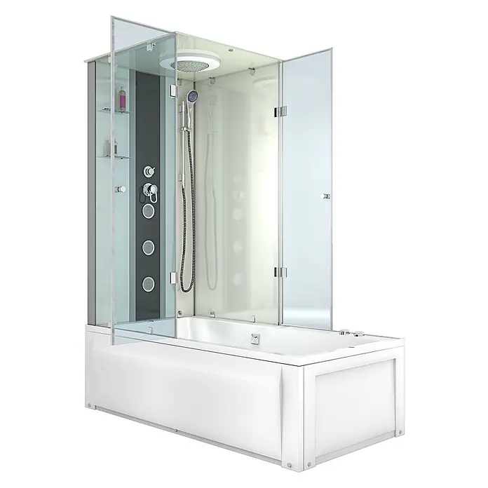AcquaVapore Komplettdusche Fertigdusche K05-R00-WP-EC - Weiß - Weiße Badewanne mit integrierter Duschkabine, klaren und mattierten Glaspaneelen, Kopfbrause, Handbrause, Massagedüsen und Ablagen.