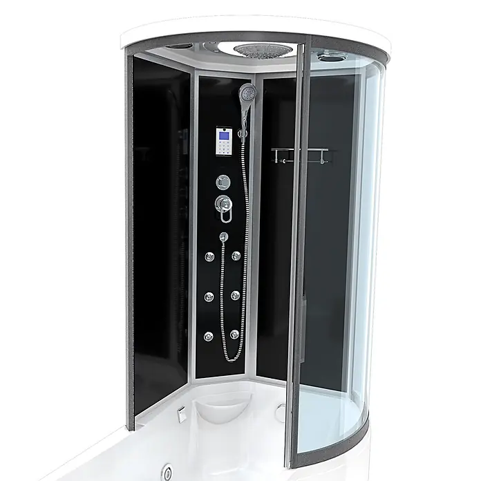 AcquaVapore Komplettdusche Fertigdusche K55-L31-WP - Schwarz - Moderne Eckduschkabine mit schwarzer Rückwand, integrierter Badewanne, Regendusche, Handbrause und Massagedüsen.