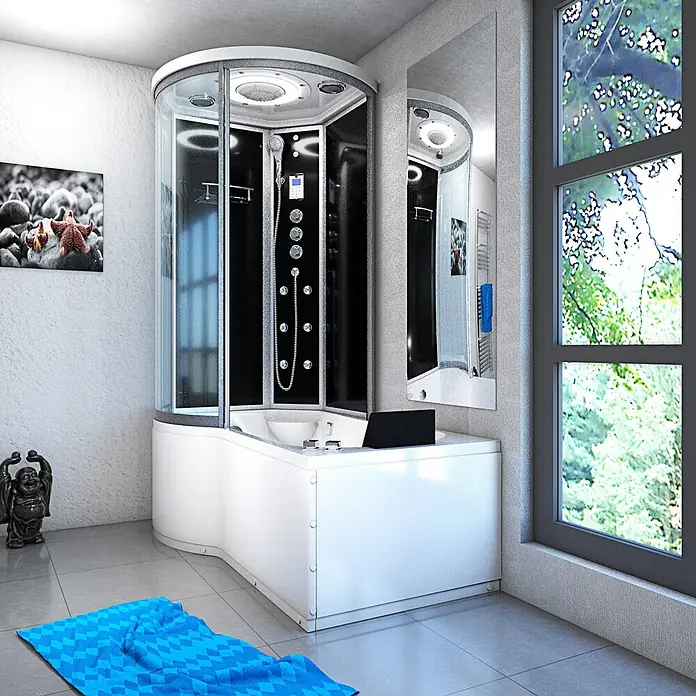 AcquaVapore Komplettdusche Fertigdusche K55-R33-WP - Schwarz - Moderne weiße Eckdusch- und Badewannenkombination mit schwarzen Duschpaneelen in einem hellen Bad.
