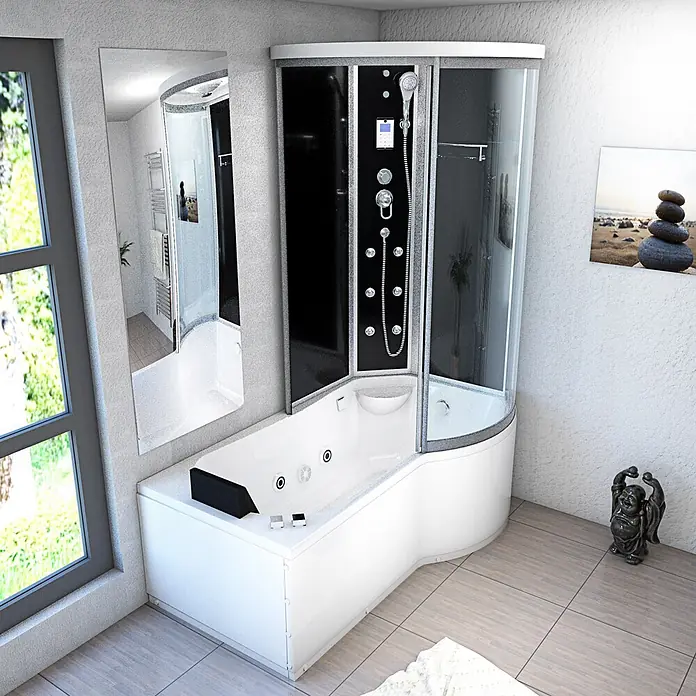 AcquaVapore Komplettdusche Fertigdusche K55-L31-WP - Schwarz - Moderne Eckduschkabine mit schwarzen Paneelen und einer weißen Kombi-Badewanne mit Whirlpooldüsen im Badezimmer.