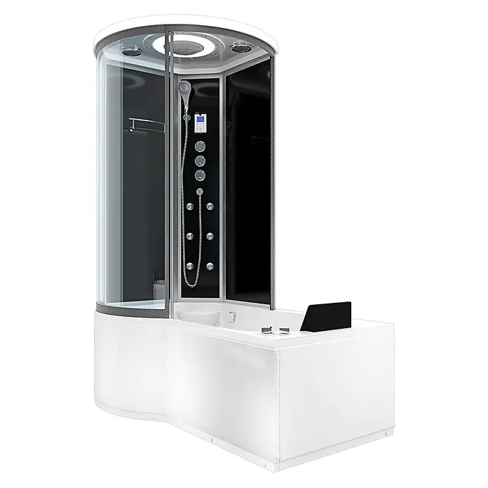 AcquaVapore Komplettdusche Fertigdusche K55-R33-WP - Schwarz - Moderne weiße und schwarze Duschkabine mit integrierter Badewanne, Glasverkleidung und mehreren Massagedüsen.