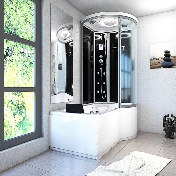 AcquaVapore Komplettdusche Fertigdusche K55-L31-WP - Schwarz - Weiße Dusch- und Eckbadewannenkombination mit schwarzen Paneelen und Glasabtrennung in einem modernen Badezimmer.