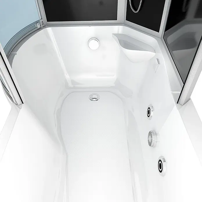 AcquaVapore Komplettdusche Fertigdusche K55-R33-WP - Schwarz - Moderner weißer Duschkabinen-Innenraum mit Hydromassage-Düsen, zentralem Abfluss und strukturiertem Antirutschboden.