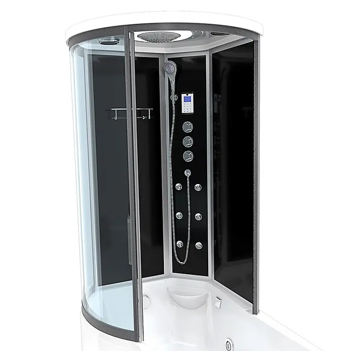 AcquaVapore Komplettdusche Fertigdusche K55-R33-WP - Schwarz - Moderne Duschkabine mit schwarzen Paneelen, transparentem Glas, weißer Basis, mit Kopfbrause, Handbrause, Bedienfeld und Testdüsen.